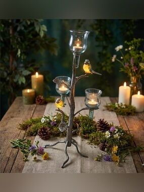 Vintage Metal Tree Branch Bird Candelabra Candle Holder 16”